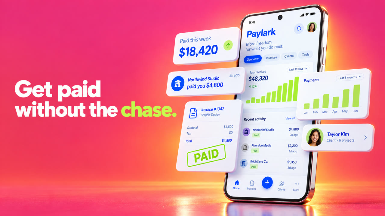 Board frame: interface layers lift off the phone beside Get paid without the chase.